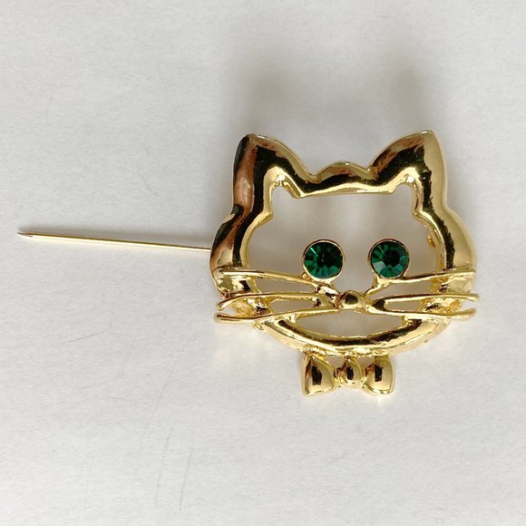 Gold Cat Face Rhinestone Pin Brooch (2 Inches) - Picture 4 of 5